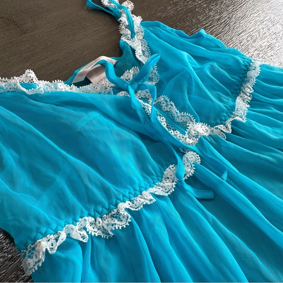 Victorias Secret Sheer Mesh Lace Trim Blue White Babydoll Tank S - Picture 6 of 11